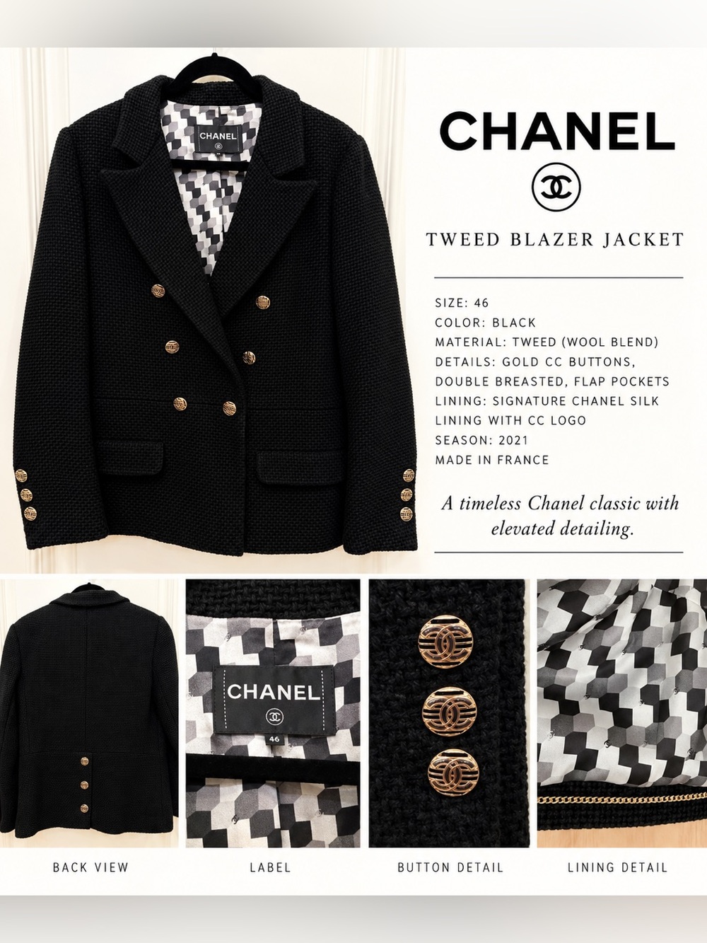 CHANEL Black Double-Breasted Blazer with Gold Buttons size 46